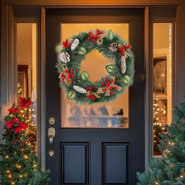 Wzzjkit Couronne de Fleurs Porte d'Entrée de Noël Frapper de Porte Intérieur et Extérieur d'Hiver avec Fruits Rouges Pins Cônes Nœud Décorations de Noël