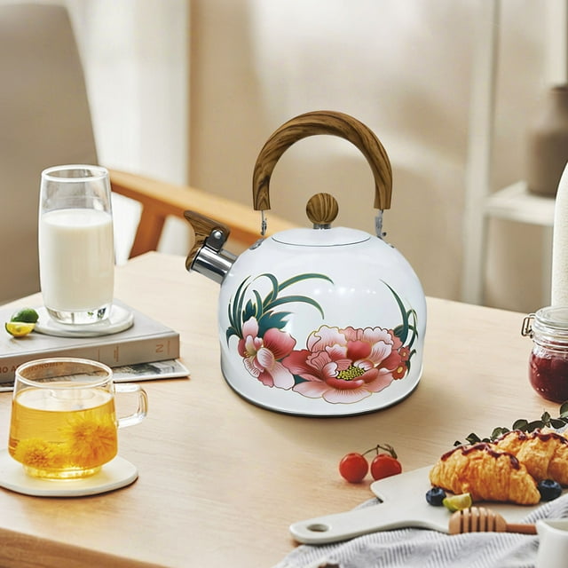 Meitianfacai Traditional Style Whistling Tea Kettle With Floral Pattern Stainless Steel Stovetop Kettle With Heat-Resistant Handle For Gas And Induction Cooktops