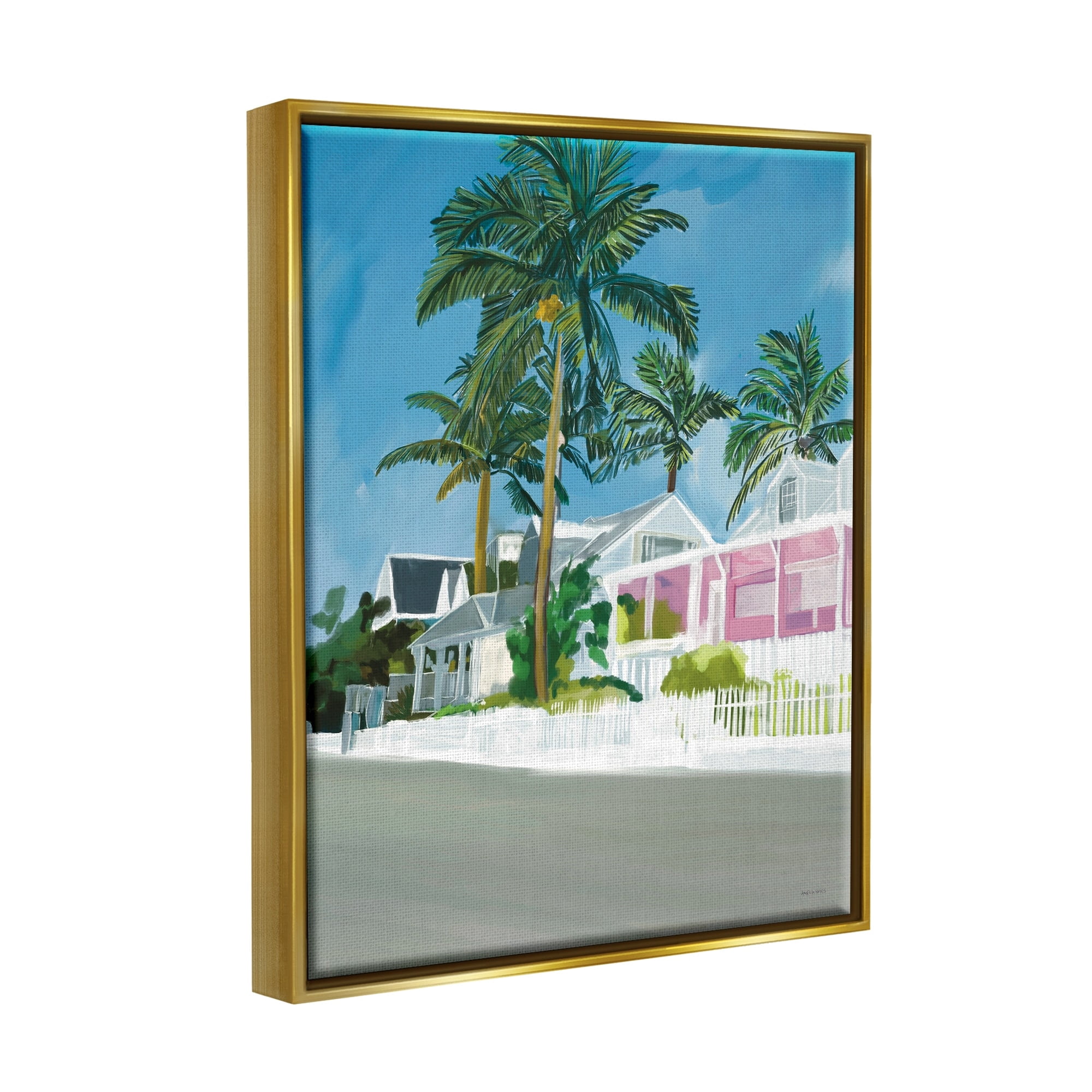 Stupell Industries Tropical Palm Trees Summer Vacation Resort Houses Graphic Art Metallic Gold Floating Framed Canvas Print Wall Art, Design by Amelia Noyes