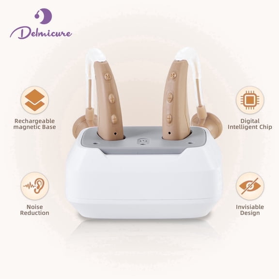 Delmicure Rechargeable Hearing Aids for Seniors, 4-Mode, Digital, Magnetic Charging, VHP-1021, Button Control, Beige