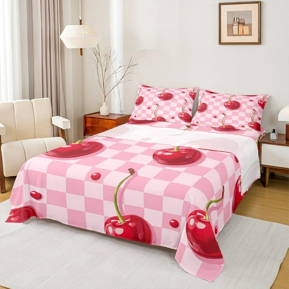 Castle Fairy Red Cherry 4-Piece Full Size Sheets,Kawaii Fruit Bed Sheets,Geometric Plaid Lightweight Sheet Sets,Breathable Cute Home Decor