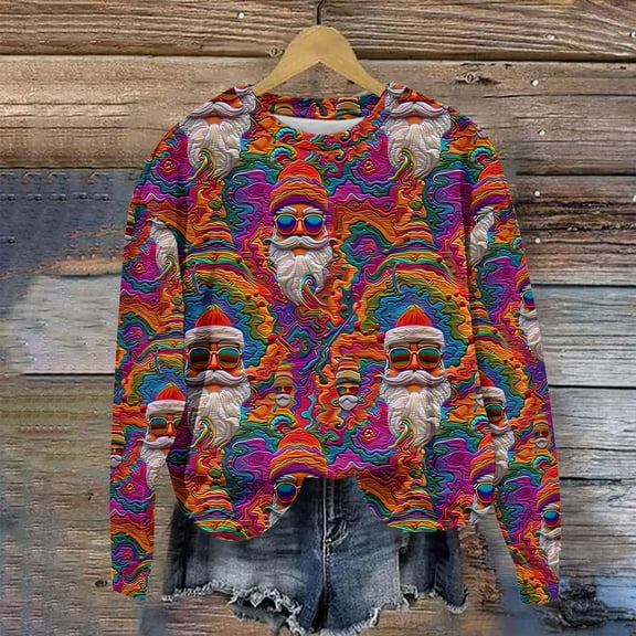 Jsaierl Merry Christmas Fleece Sweatshirts Womens Funny Santa Claus Print Sweatshirt Loose Fit Pullover Sweater Tops Crewneck Holiday Long Sleeve Shirts Christmas Gifts