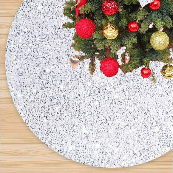 Falda para árbol de Navidad FANPROMS con lentejuelas blancas brillantes de 53 cm
