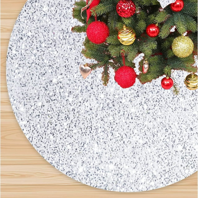 Falda para árbol de Navidad FANPROMS con lentejuelas blancas brillantes de 53 cm