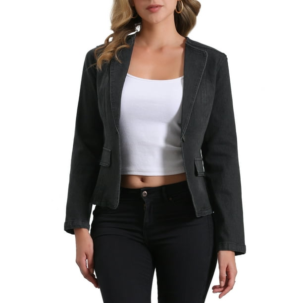 Chaqueta de mezclilla elástica para mujer INSPIRE CHIC con cuello de solapa, un botón, mangas largas, talla XL, color negro
