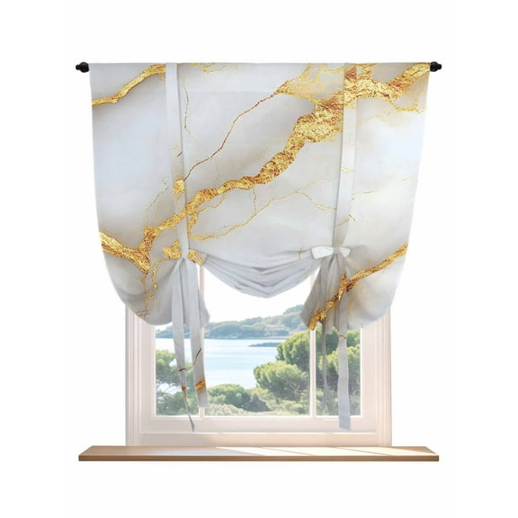White Gray Marble Tie Up Curtains for Windows 45 Inch Length Balloon Curtains Kitchen Adjustable Balloon Window Shade Modern Abstract Golden Texture Art Tie Up Valance Bathroom Curtain Window 42"x45"