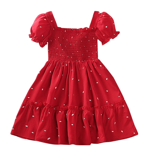MeetoTime Robe d'Été pour Filles Manches Bouffantes Col Carré Pois Imprimé Patchwork Robes 2-7 Ans Vêtements Bébé