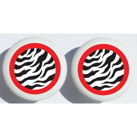 Ceramic Set Cabinet - Red and Black Zebra Print Drawer Pulls / Polka Dot Ceramic Cabinet Knobs / Safari Nursery Room Decor ( Set Of Two )