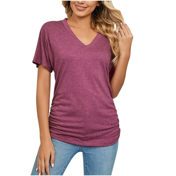 WREESH Solid Color V-Neck T-Shirt for Women Summer Fashion Short Sleeve Blouse Top Wine