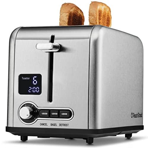 Peach Street Slice Toaster Compact Bread Toaster with Digital Countdown, Wide Slots, Auto-pop Stainless Steel, 6 Browning Levels, Removable Crumb