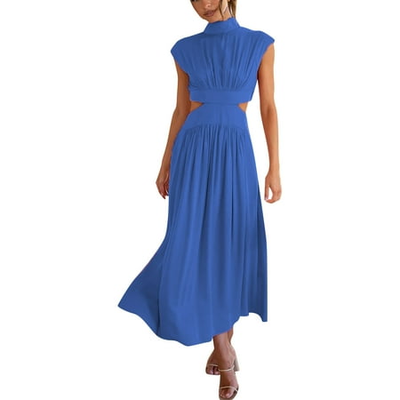 OSOLU Solid Color Women Bohemian Style O-Neck Sleeveless Hollow Waist Casual Medium Length Jumpsuit Cute Dailywear