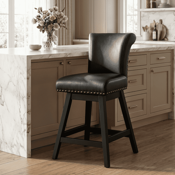 DRLOVELY Swivel Bar Stool, 26" Modern Counter Height Upholstered Pub Chairs with Solid Wood Legs & High Back for Kitchen Island, Black