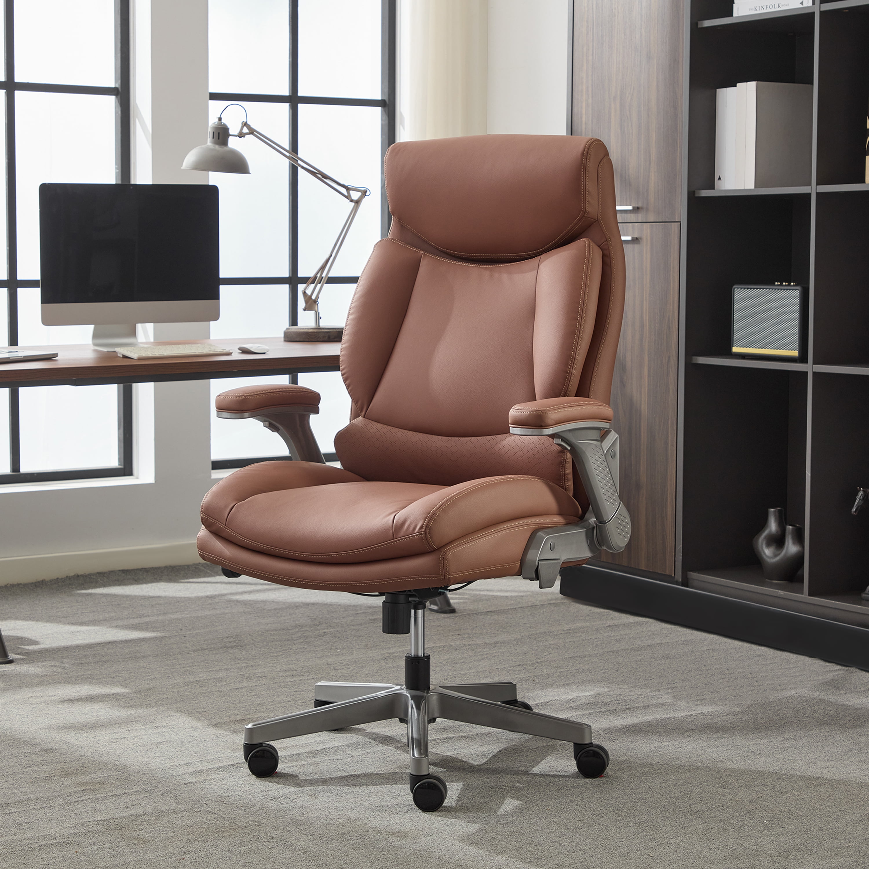 Shaq Tarvos Premium Ergonomic Big & Tall Office Chair, PureSoft Upholstery with Height Adjustable and Flip-Up Arms, Cognac Brown