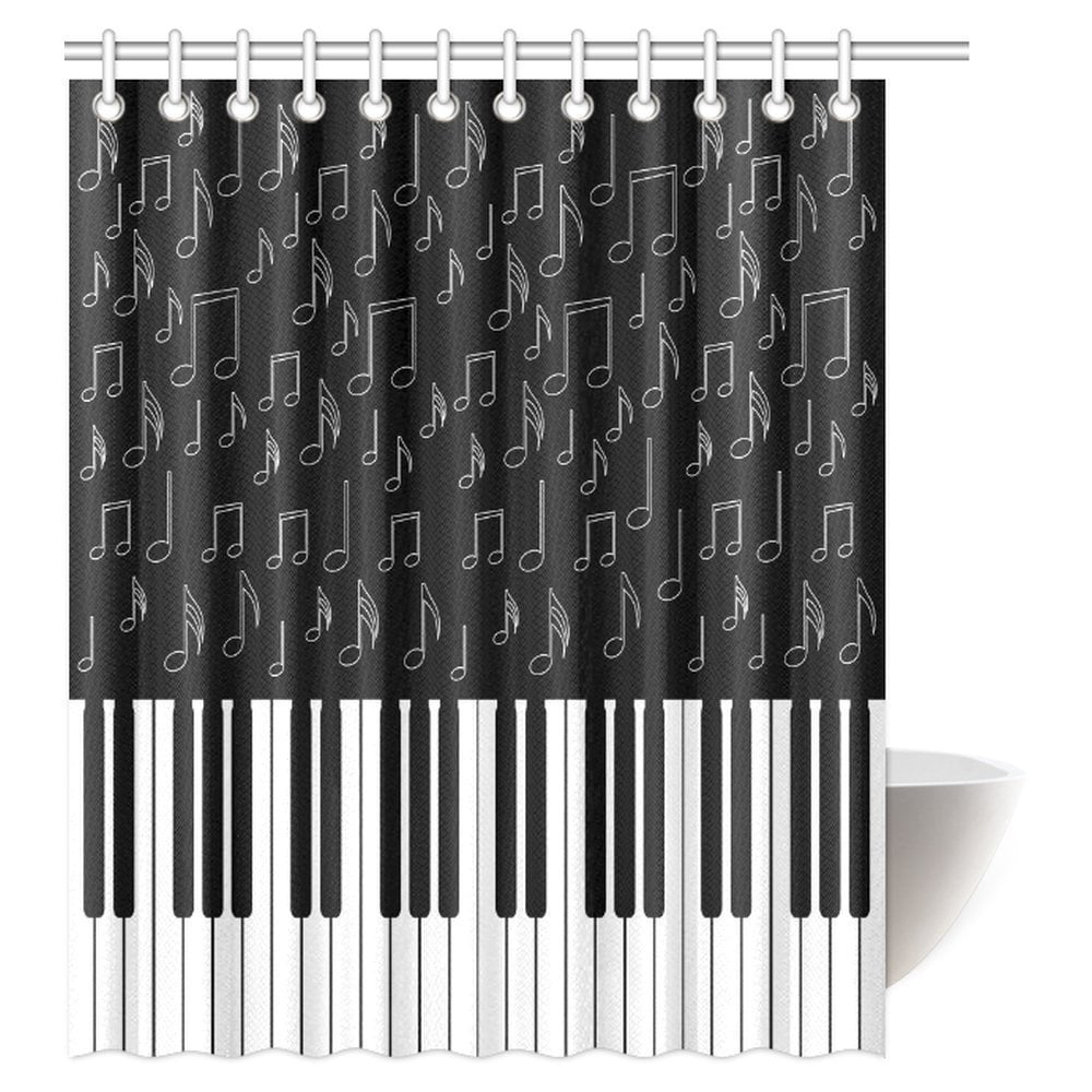 Music Notes Piano Pattern Shower Curtain & Hooks Polyester Waterproof Fabric 72" 