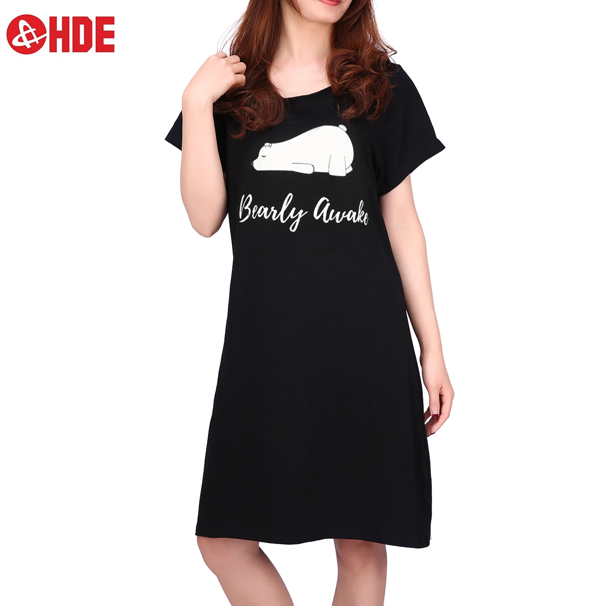 HDE Women's Cotton Nightgowns Short Sleeve Sleep Dress Bearly Awake