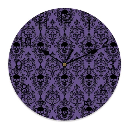 Wall Clock Purple Damask Skull Clocks PVC Silent Non-Ticking Battery Operated Decorative Luxury Floral Skeleton Round Clock for Home Living Room Kitchen Bedroom Office School Wall Decor 10 Inch
