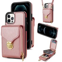 Feishell Crossbody Wallet Case for iPhone 12 Pro Max,with Detachable Shoulder Strap,Premium PU Leather Metal Snap Zipper Pocket Credit Card Holder Kickstand Phone Case for Women Men,Rosegold