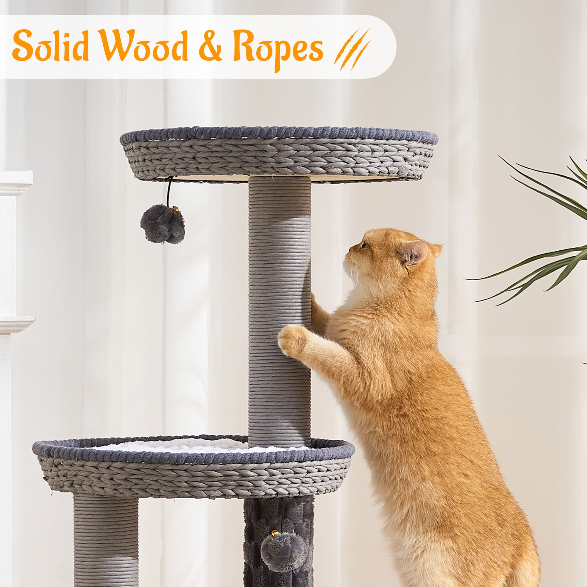 HITTITE Modern Cat Tree Tower with Scratching Post, 46 Inches Tall Cat Towers with Woven Cat Nests and Cave, Removable Cushions and Massage Brush for Indoor Cats Large Adult.