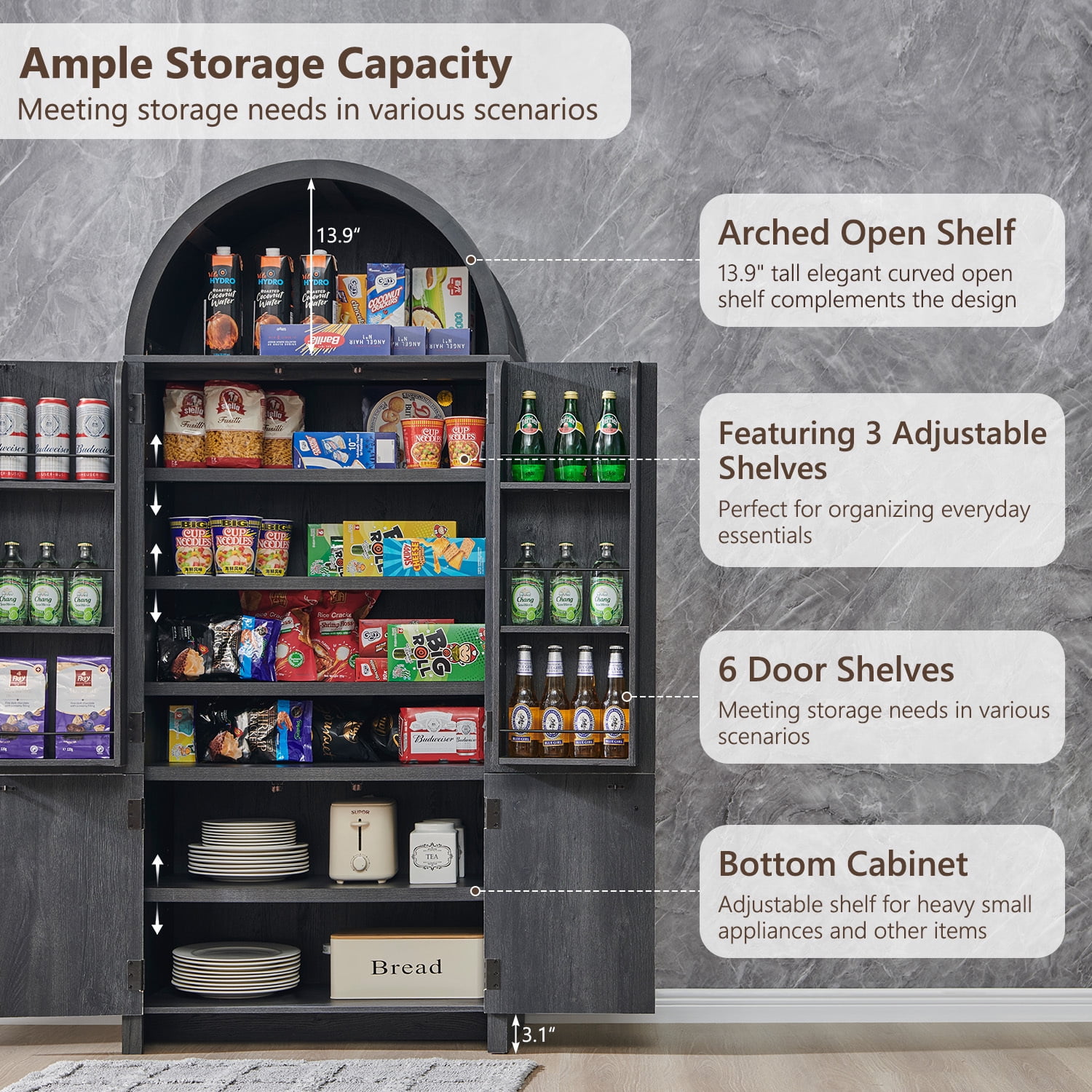 SinCiDo Arched Pantry Storage Cabinet with 4 Fluted Wood Doors, 71" Modern Kitchen Organizer with 6 Doors Shelves & Adjustable Shelves, Versatile Cupboard for Kitchen Dining Room