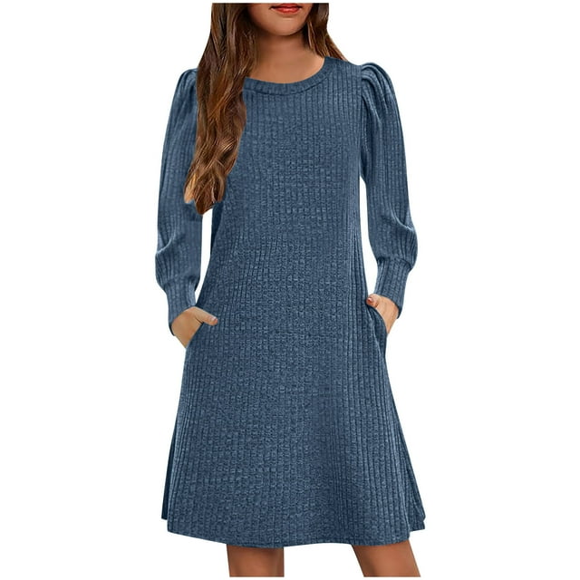 Odeerbi Niñas de Manga Larga Vestido de Punto de Canalé Niños Color Sólido Cuello Redondo Vestido de Princesa Con Bolsillo