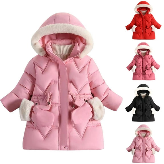 TAGOLD Little Girl Coats 3-8 Years Winter Fleece Lined Thickened Solid Coat with Removable Hood Gloves Long Sleeve