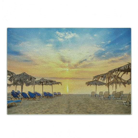 Summer Cutting Board, Sandy Beach with Vivid Sunrise Paradise Relaxation Tropical Holiday Place Picture, Decorative Tempered Glass Cutting and Serving Board, Small Size, Tan Blue, by Ambesonne