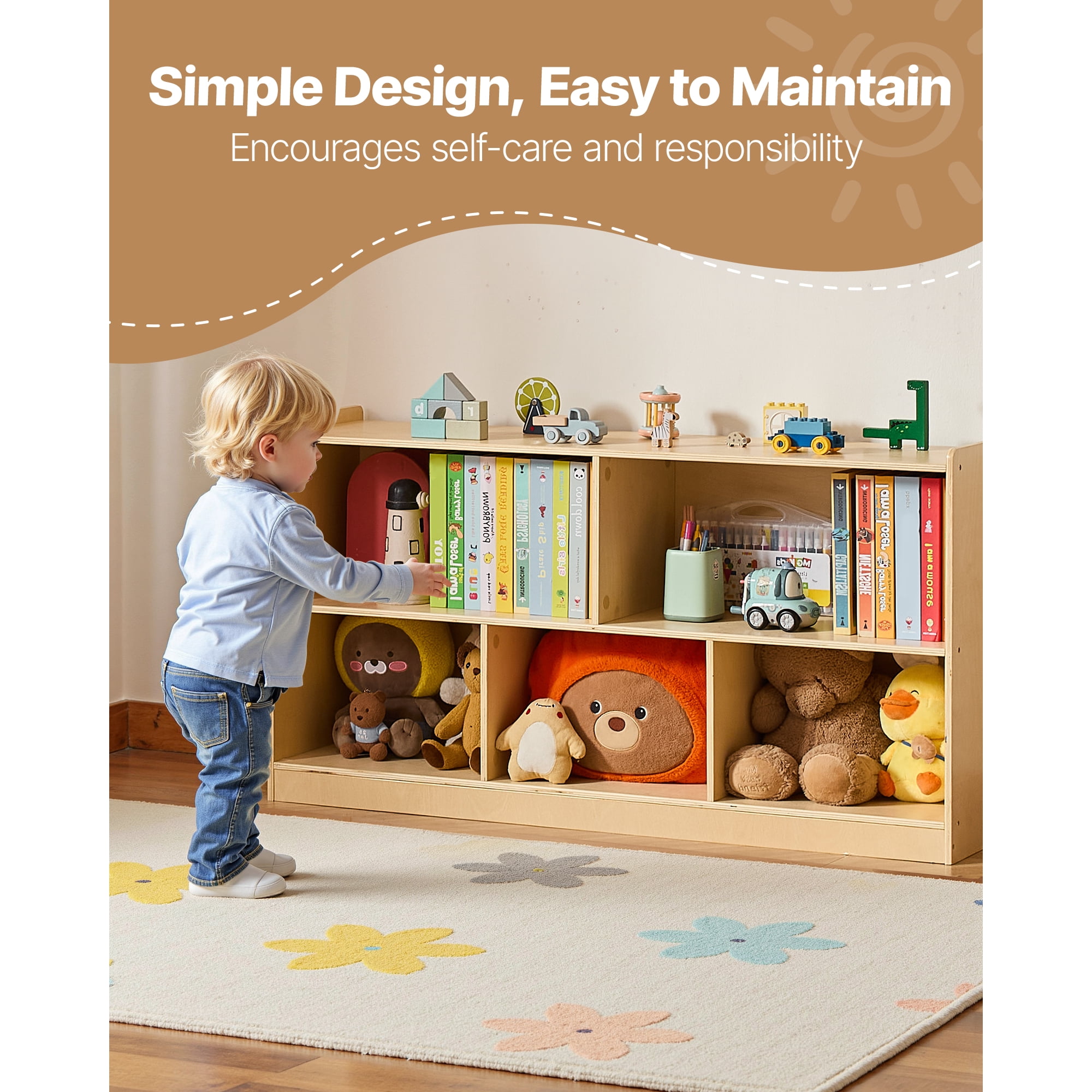 KFFKFF Montessori Bookshelf, 45-inch Wide Toy Storage Unit, 5-Section Children's Display Cabinet, Daycare Furniture, Kids' Bookshelf for Bedroom, Nursery, Living Room, Entryway, Preschool, Brown