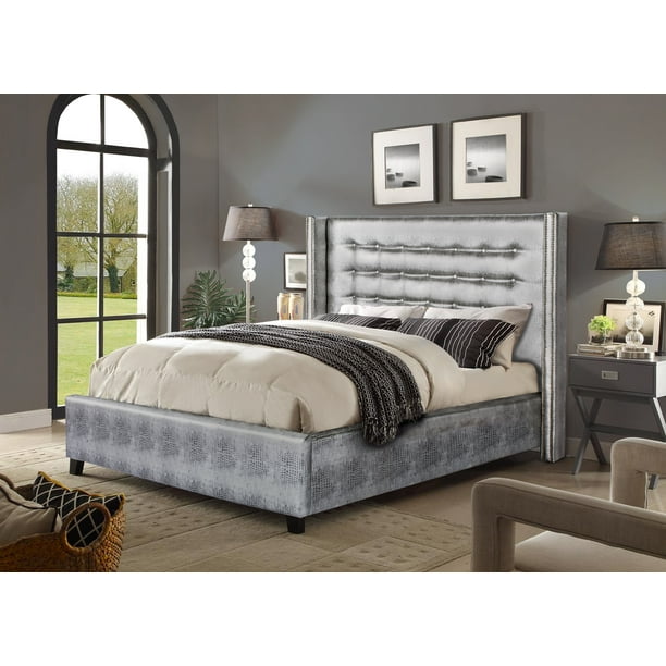 Chic Home Bell Bed Frame With Croc Pu, Queen Silver Bed Frame