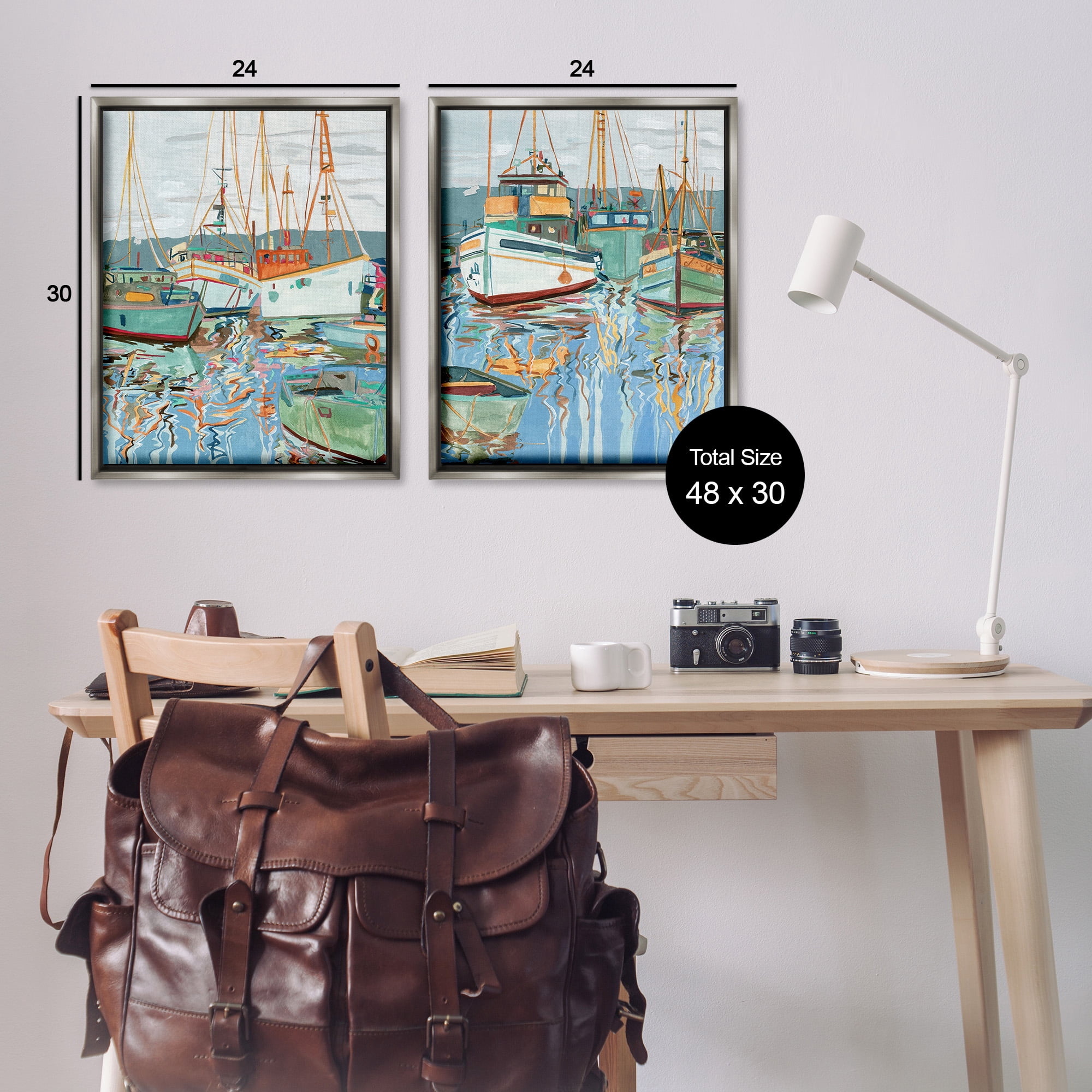 Stupell Industries Marina Ships Reflection Transportation Painting Gray Floater Framed Canvas Art Print Wall Art, 25 x 31, Set of 2