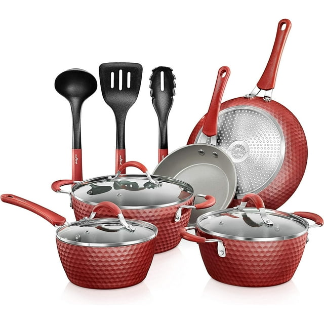 Nutrichef Kitchen Cookware Sets, Induction Pots and Pans, 11 Pc Stylish Kitchen Cookware Set, Non-Stick with Elegant Diamond Pattern, Gray Inside & Red Outside, Durable