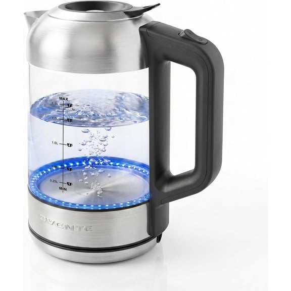 OVENTE Electric Kettle, 1.8L Glass Tea Kettle & Stainless Steel BPA-Free Cordless Electric Kettle, 1500W Fast Boil Electric Pot with Easy-Fill Lid, Auto Shut-Off & Boil Dry Protection, Silver KG751S