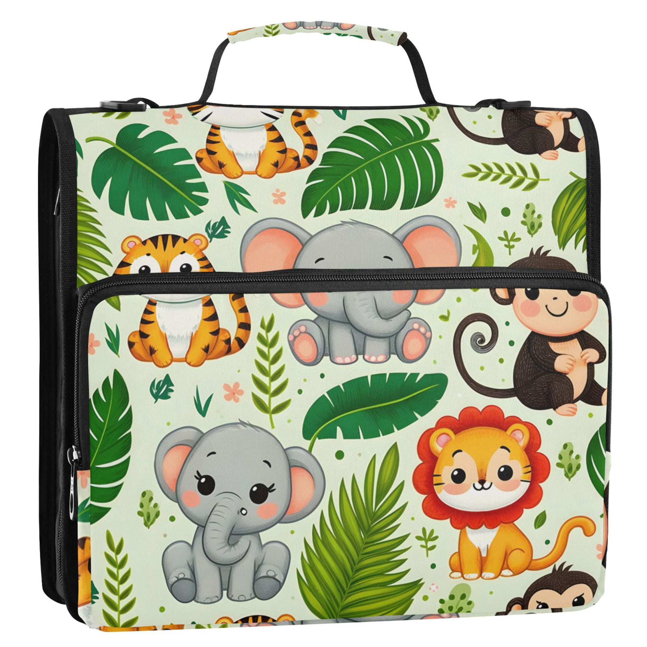3 Ring Zipper Binder with Shoulder Strap Waterproof Trapper Keeper 2 Inch D-Ring 500 Sheets Capacity Cute Lion Tiger Monkey Elephants