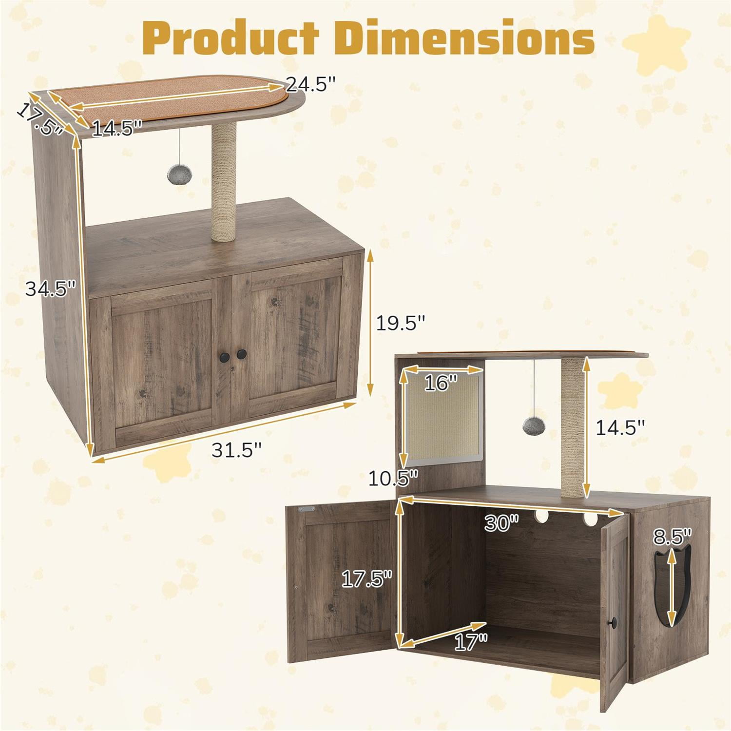 Pefilos 34.5" Cat Tree with Litter Box Enclosure, Sisal Scratching Post & Mat, Top Perch, Gray