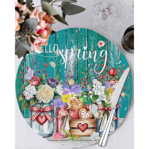 13 Inch Round Placemats Set of 6, Spring Flowers Non Slip Heat Insulation PP Table Mats, Farmhouse Watercolor Teal Wood Grain Washable Place Mats for Kitchen Dining Party Table Decor