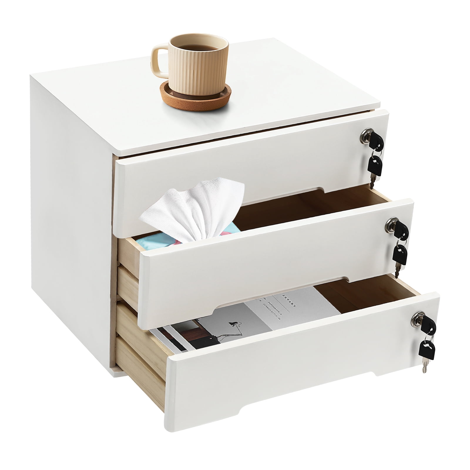 Wooden Desktop Storage Box with Lockable Drawers, Office Supplies File Organizer, Flat File Cabinet  Placed In The Office, Study, Dresser
