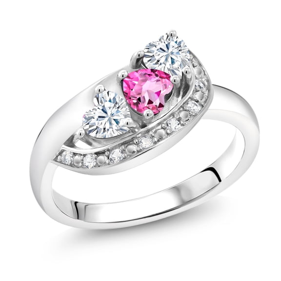 Gem Stone King 925 Sterling Silver Pink Mystic Topaz and White Moissanite and White Created Sapphire Engagement Ring for Women (0.84 Cttw, Gemstone November Birthstone, Heart Shape 4MM, Size 8)