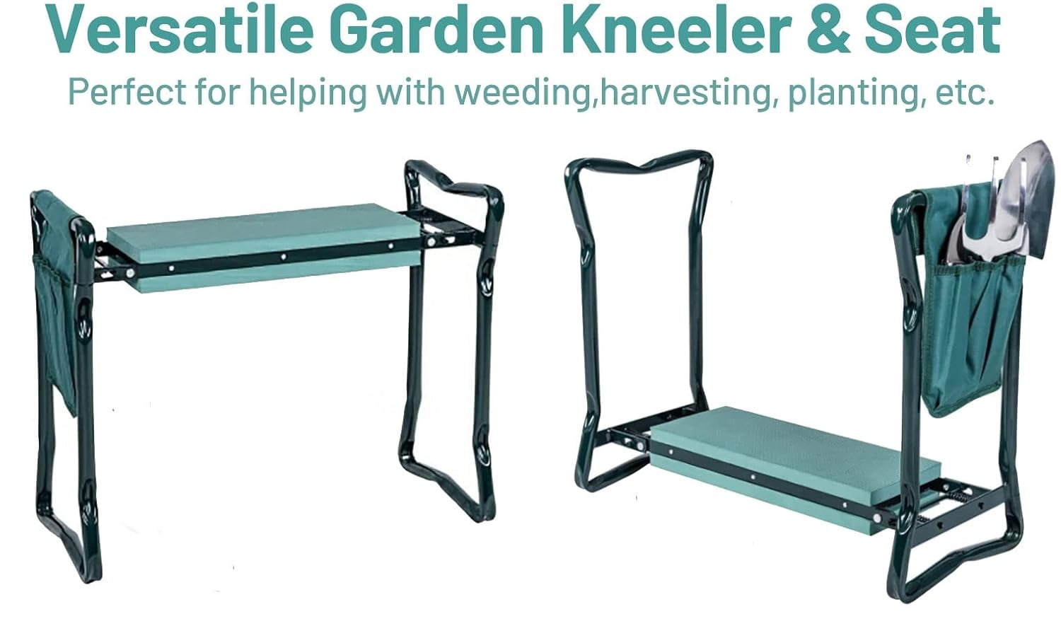 2-in-1 Garden Kneeler and Seat, Folding Garden Seat w/EVA Foam Kneeling Pad & Removable Tools Pouch, Sturdy Steel Frame, No Assembly, Portable Heavy Duty Garden Stool for Women Men Seniors