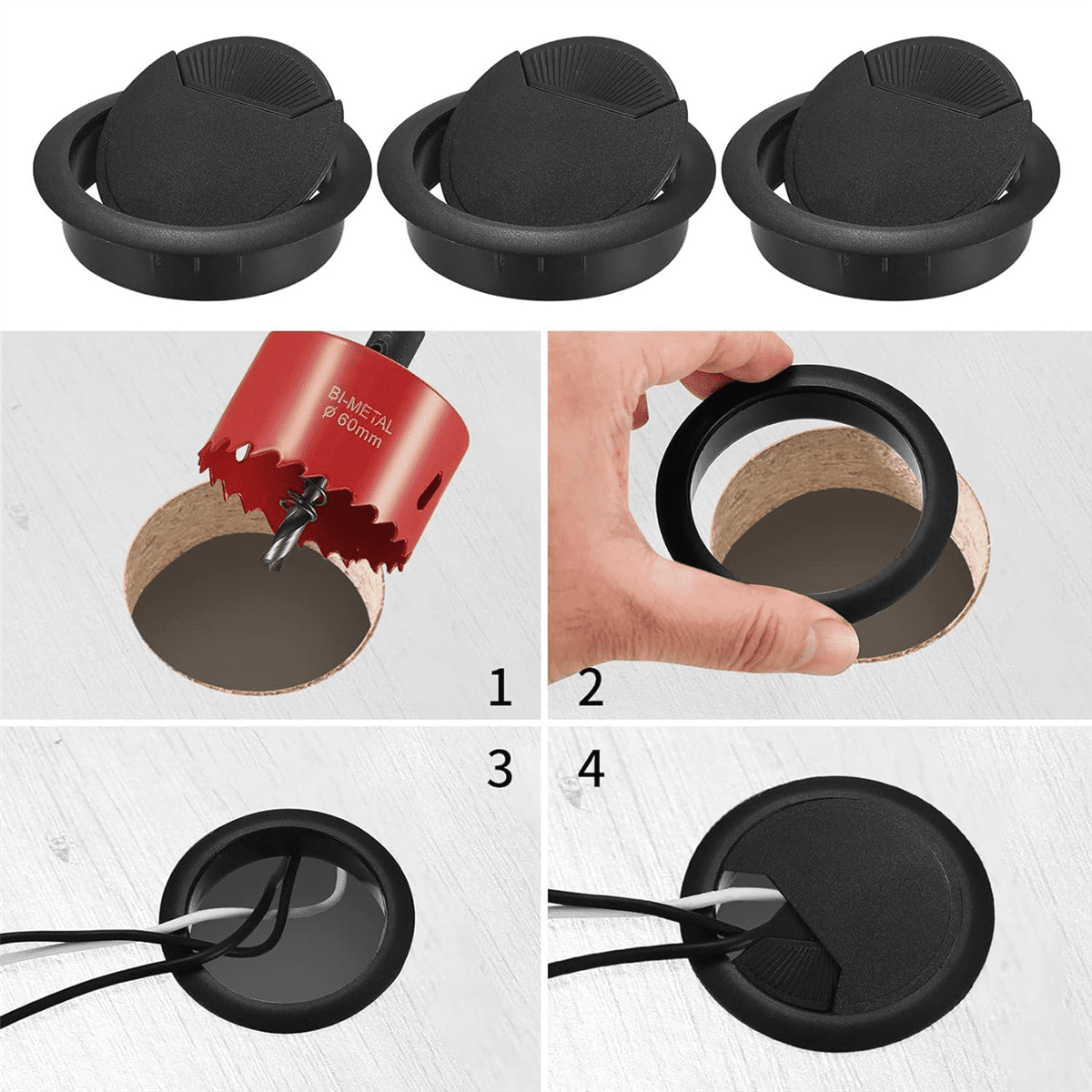 20-Pack Cable Grommet Desk, Cable Pass-Through, 60mm Plastic Cable Cover with 1 X Hole Saw, Black Cable Outlet Round
