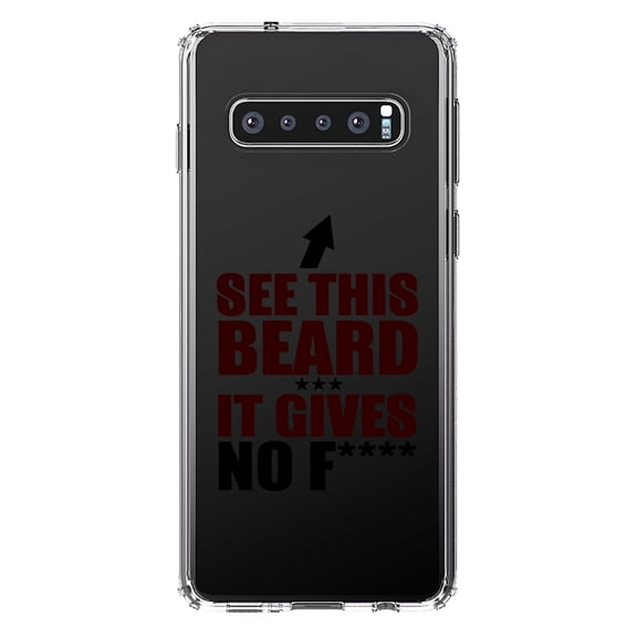 DistinctInk Clear Shockproof Hybrid Case for Samsung Galaxy S10 (6.1" Screen) - TPU Bumper Acrylic Back Tempered Glass Screen Protector - See This Beard - It Gives No F****