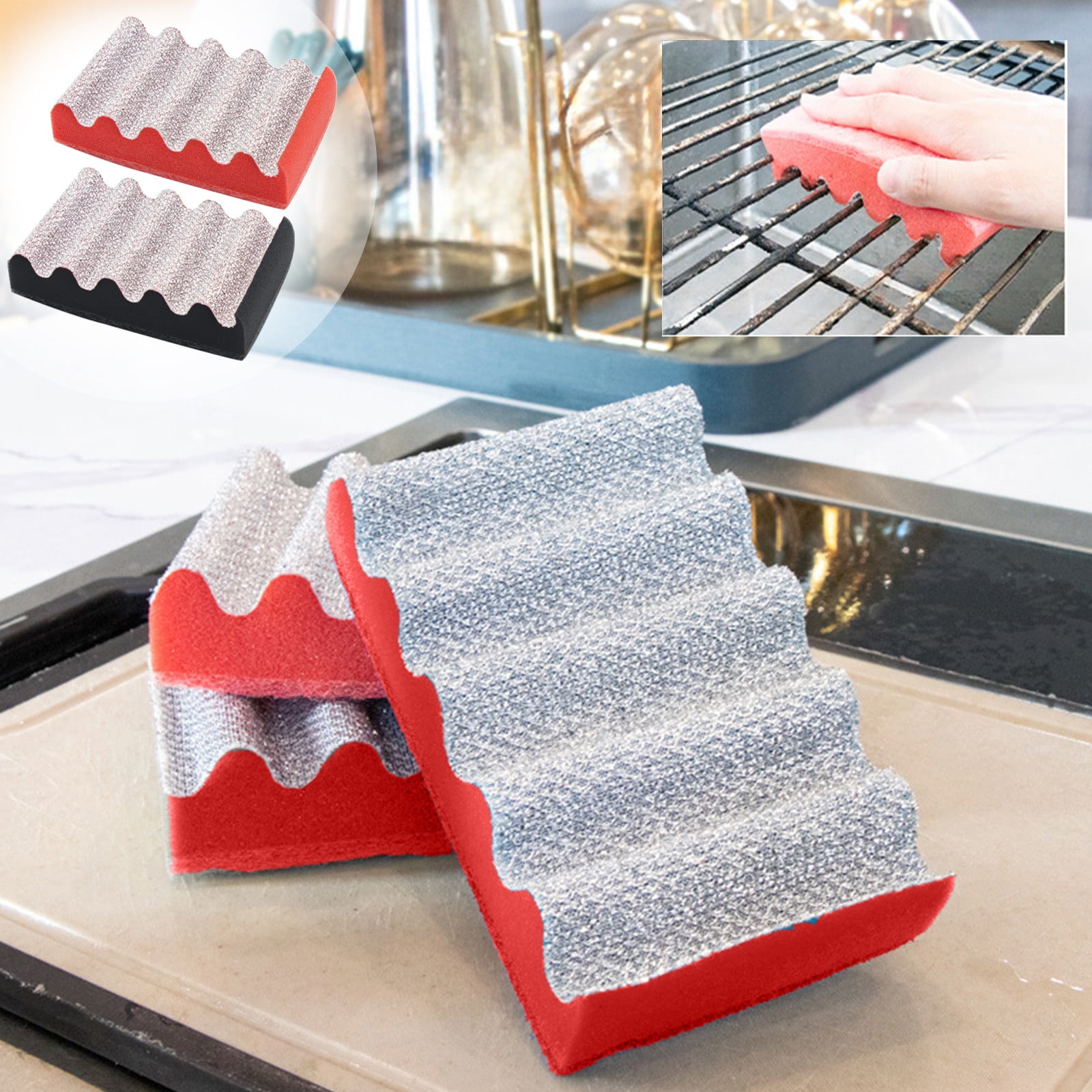 EGNMCR Kitchen Utensils Set, Cooking Utensils Set, Mesh Baking Tray Grill Sponge Rub Barbecue Net Rust Removal Sponge Cleaning Brush Double Sided Wavy Gaps Cleaning Brush Sponge Sponge