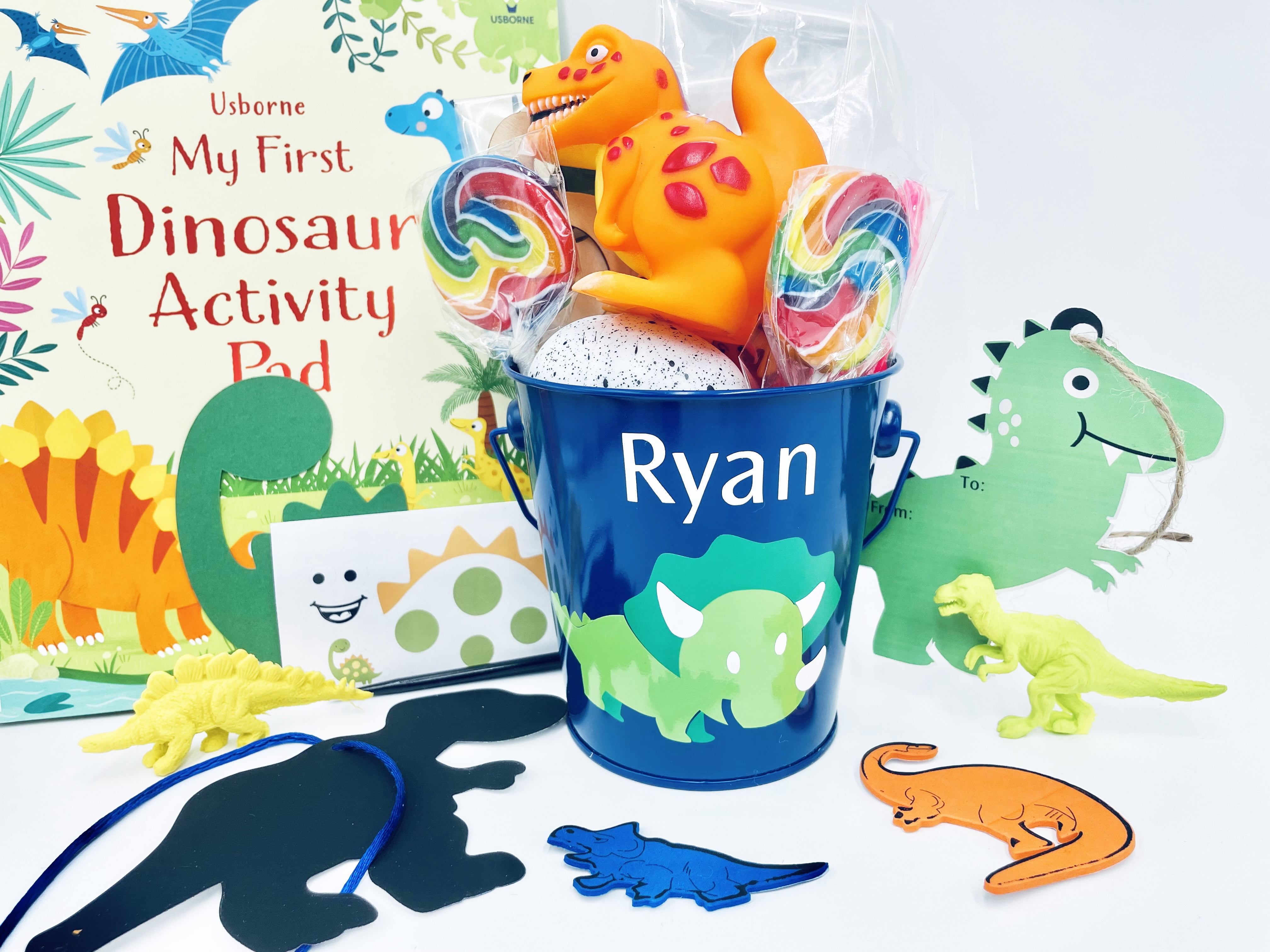 Dinosaur Birthday Gift Basket, Personalized, Candy, Crafts, Blue, Activity Pad