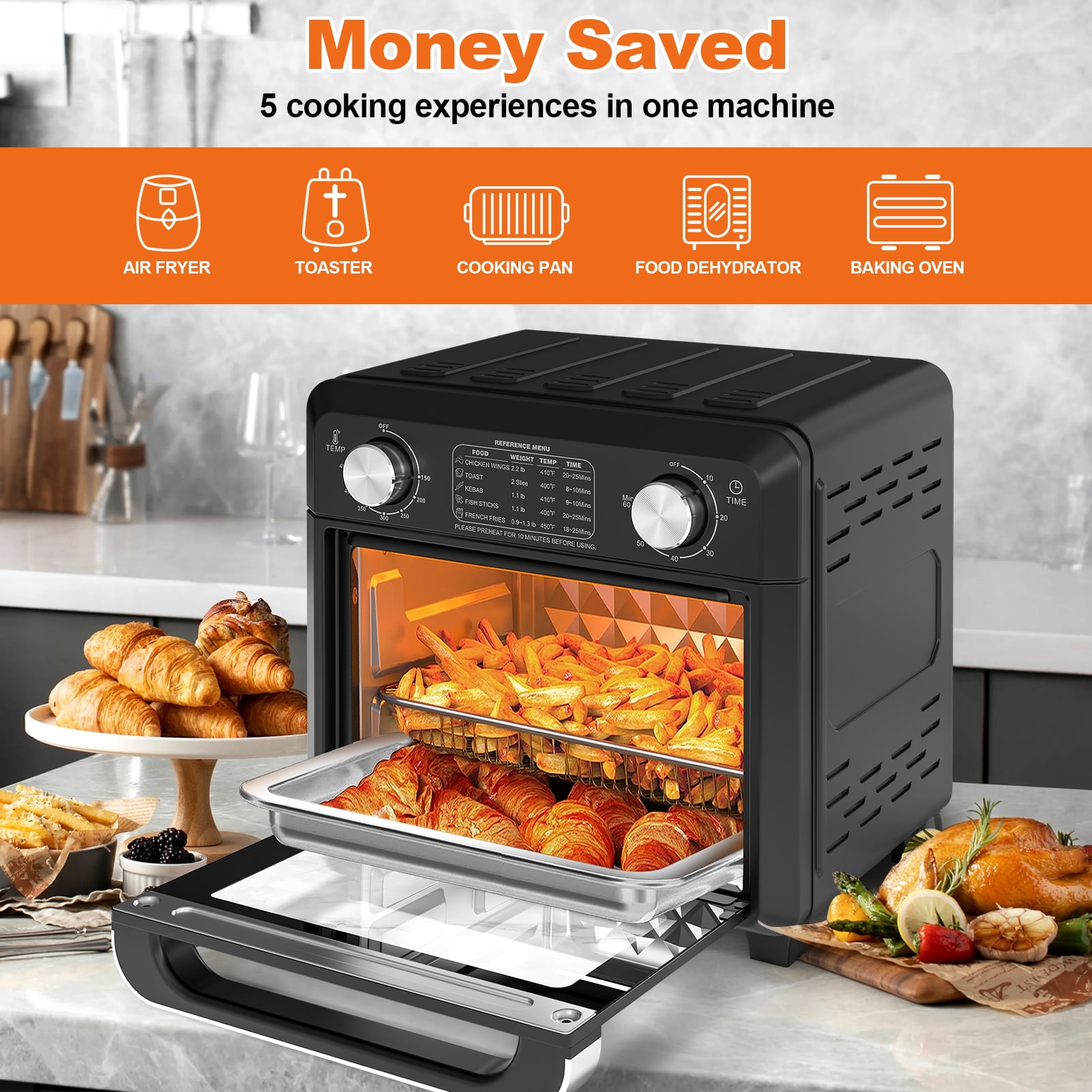 Plum Chef 11QT Air Fryer Toaster Oven, 6-in-1 Countertop Oven with 60-Min Timer, 1000W, 5 Preset Menus, Oil-Free Cooking, Includes Accessories – Ideal Holiday Gift