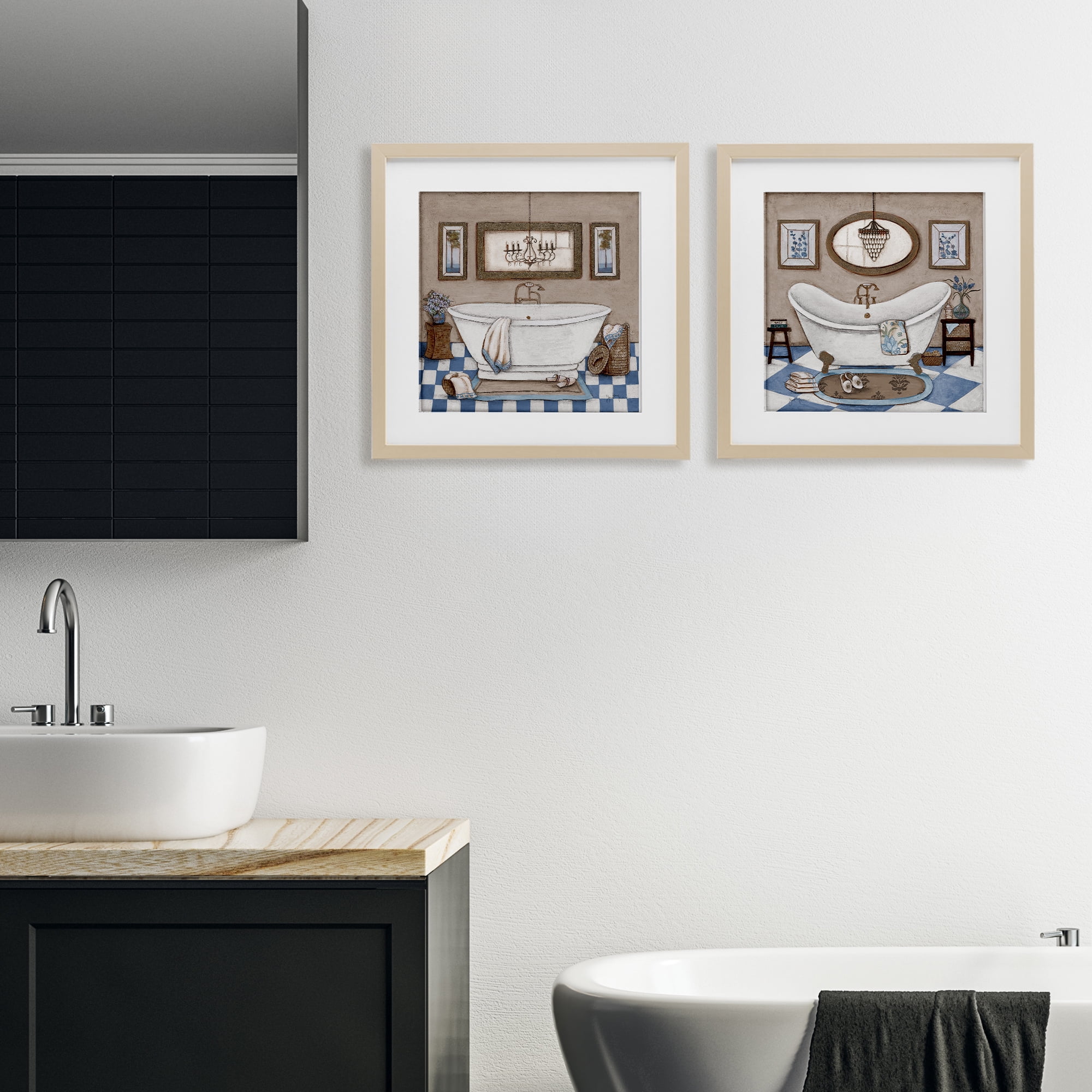 Stupell Industries Tiled Bathroom Views 2 Piece Birch Framed Print Under Glass Set, design by Janet Tava