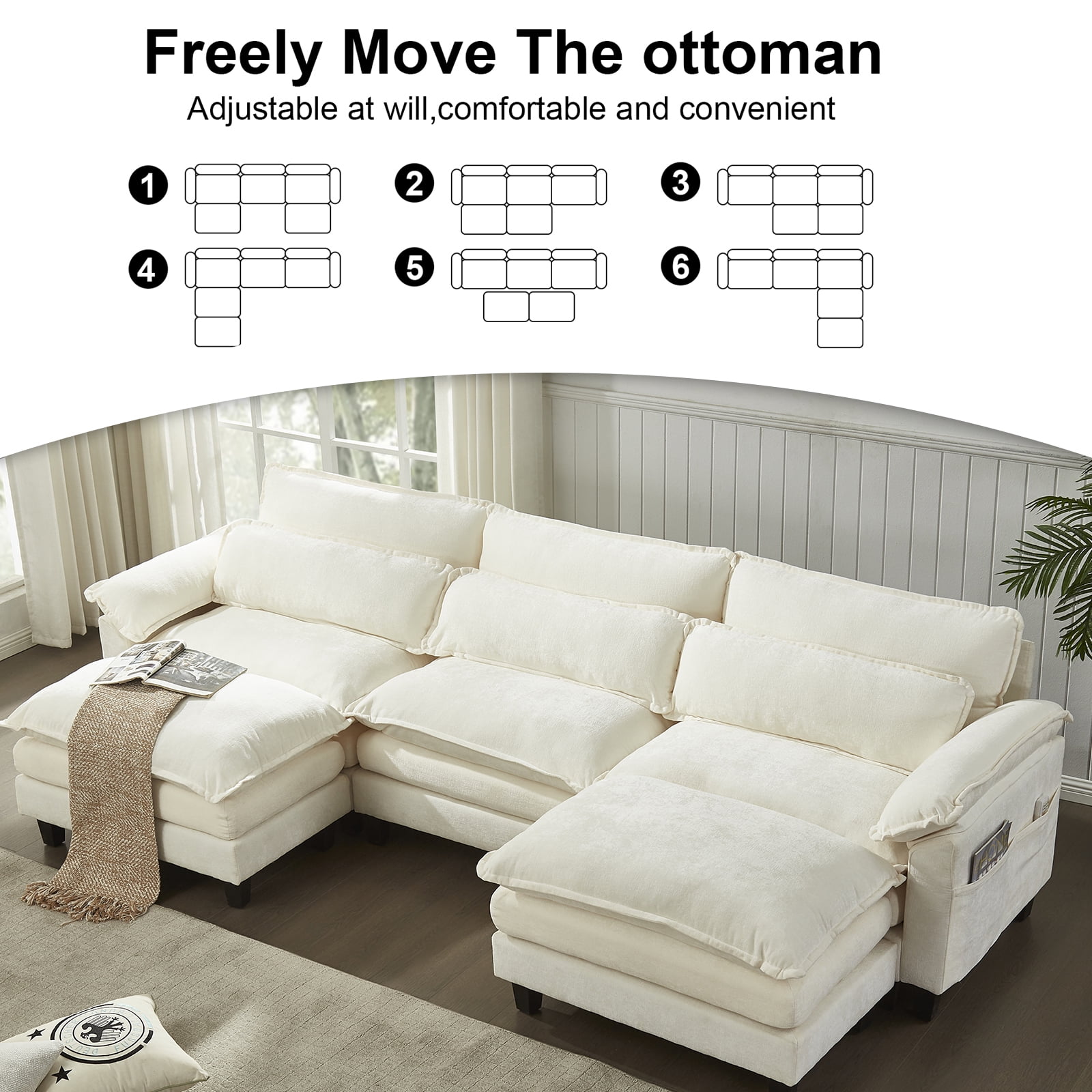 EPOWP 113'' Modular Sectional Sofa,U Shaped Couch with Movable Ottoman, Convertible Sectional Couches with Deep Seat, 3 Seat for Living Room Comfy Cloud Sofa with USB Side Pockets & Charging(Beige)