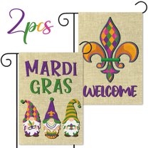 GROBRO7 Welcome Mardi Gras Flags for Garden & Lawn Decor, 32x46cm Linen Double Sided Flags for Carnival Decoration, 2 Pieces