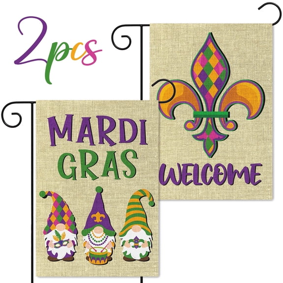 GROBRO7 Welcome Mardi Gras Flags for Garden & Lawn Decor, 32x46cm Linen Double Sided Flags for Carnival Decoration, 2 Pieces