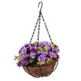 thumbnail image 1 of Cesta colgante de flores artificiales para exteriores, planta en maceta falsa, arreglo floral artificial para jardín, balcón, patio, casa, porche, exteriores, verano, color morado, 1 of 7