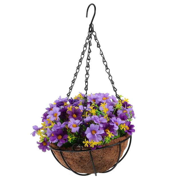 Cesta colgante de flores artificiales para exteriores, planta en maceta falsa, arreglo floral artificial para jardín, balcón, patio, casa, porche, exteriores, verano, color morado