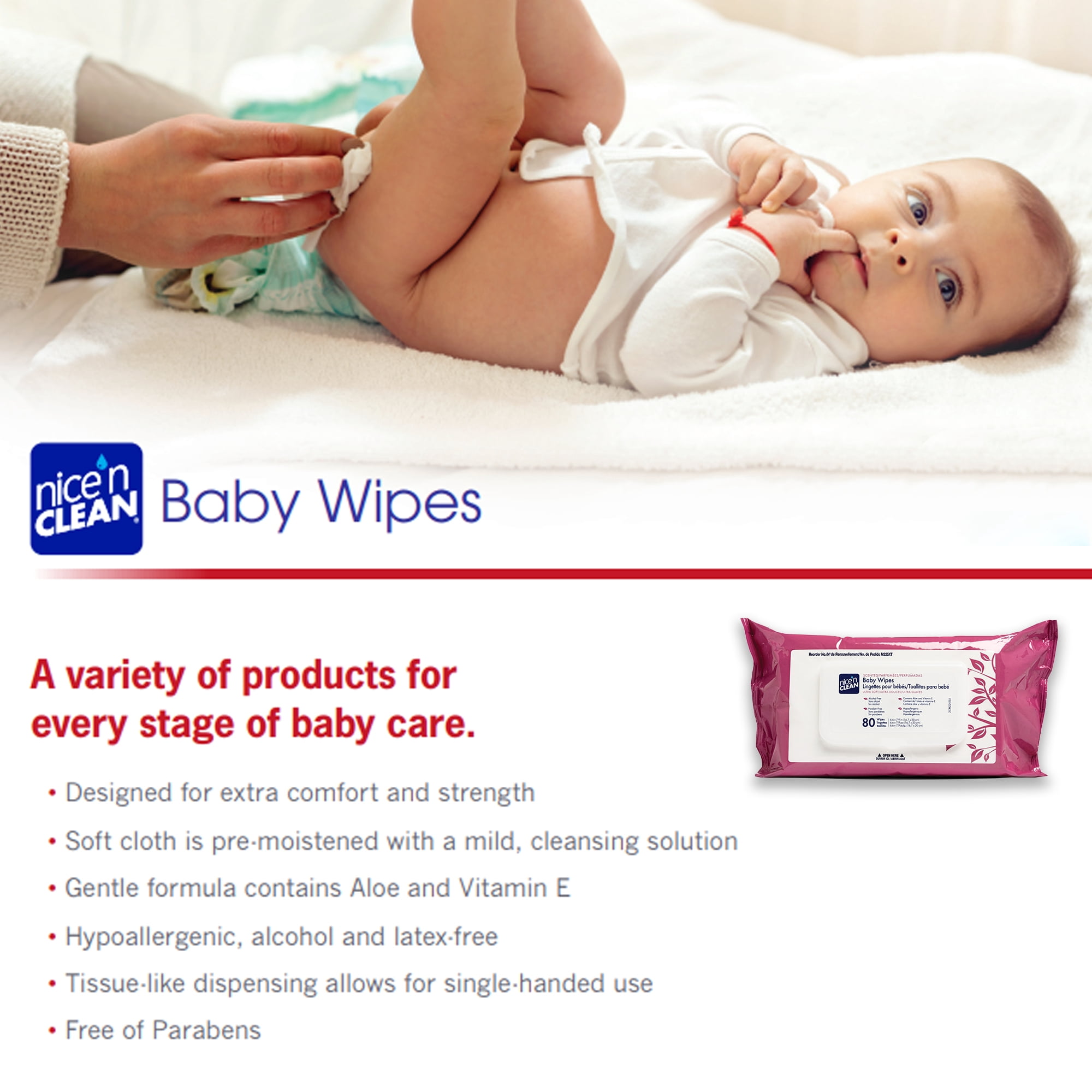 Nice 'n Clean Baby Wipes, Unscented, Hypoallergenic for Sensitive Skin, 80 Wipes, 1 Pack