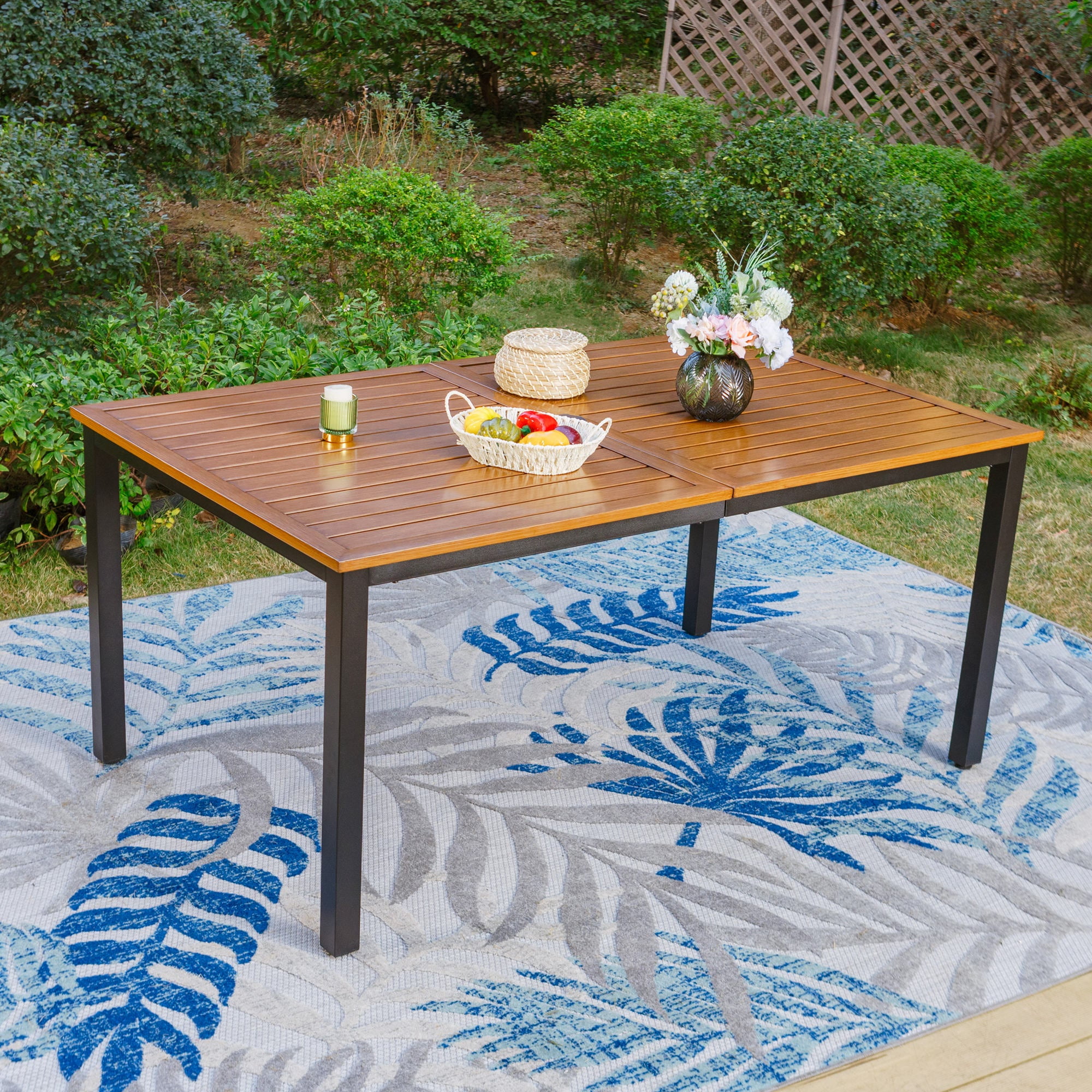 MF Studio Rectangle Outdoor Dining Table, Steel Frame with Wood Grain
